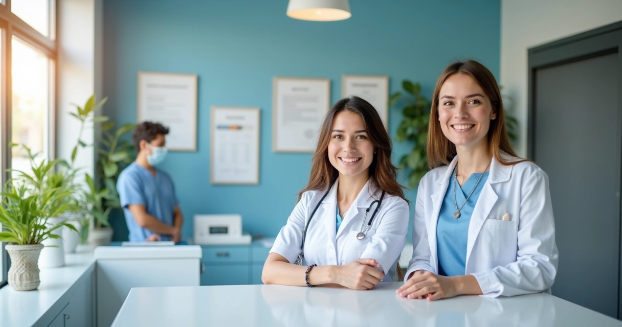 Recepção de clínica odontológica moderna com iluminação natural e equipe sorrindo ao fundo