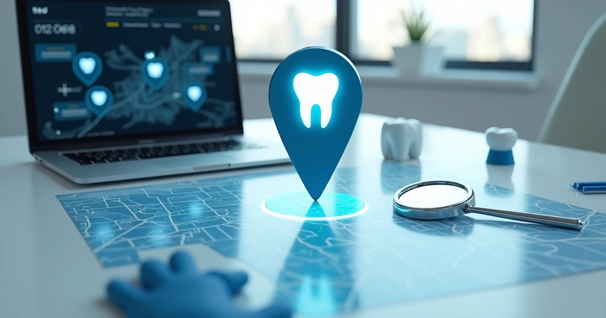 Mapa digital destacando ícone de clínica odontológica em scanner dentário 