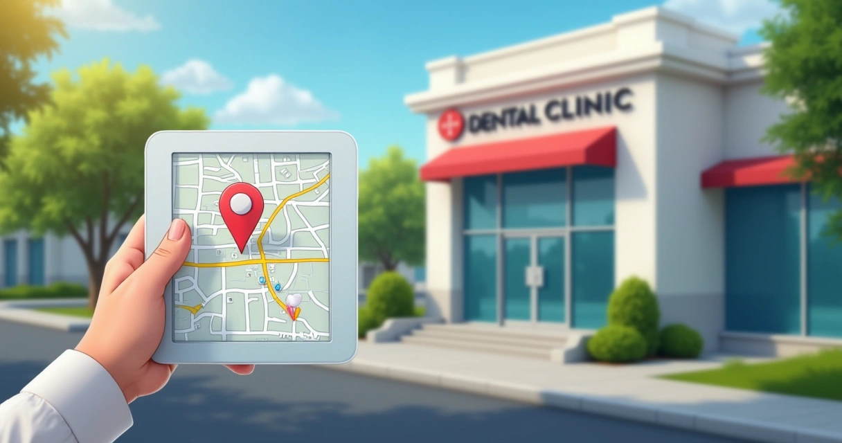 Entrada de clínica odontológica destacada em mapa digital