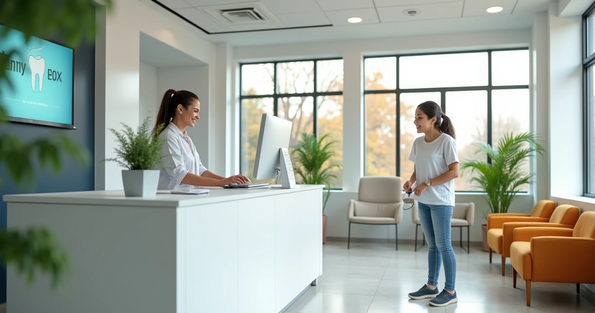 Recepcionista em clínica odontológica moderna atendendo paciente sorridente na sala de espera iluminada 