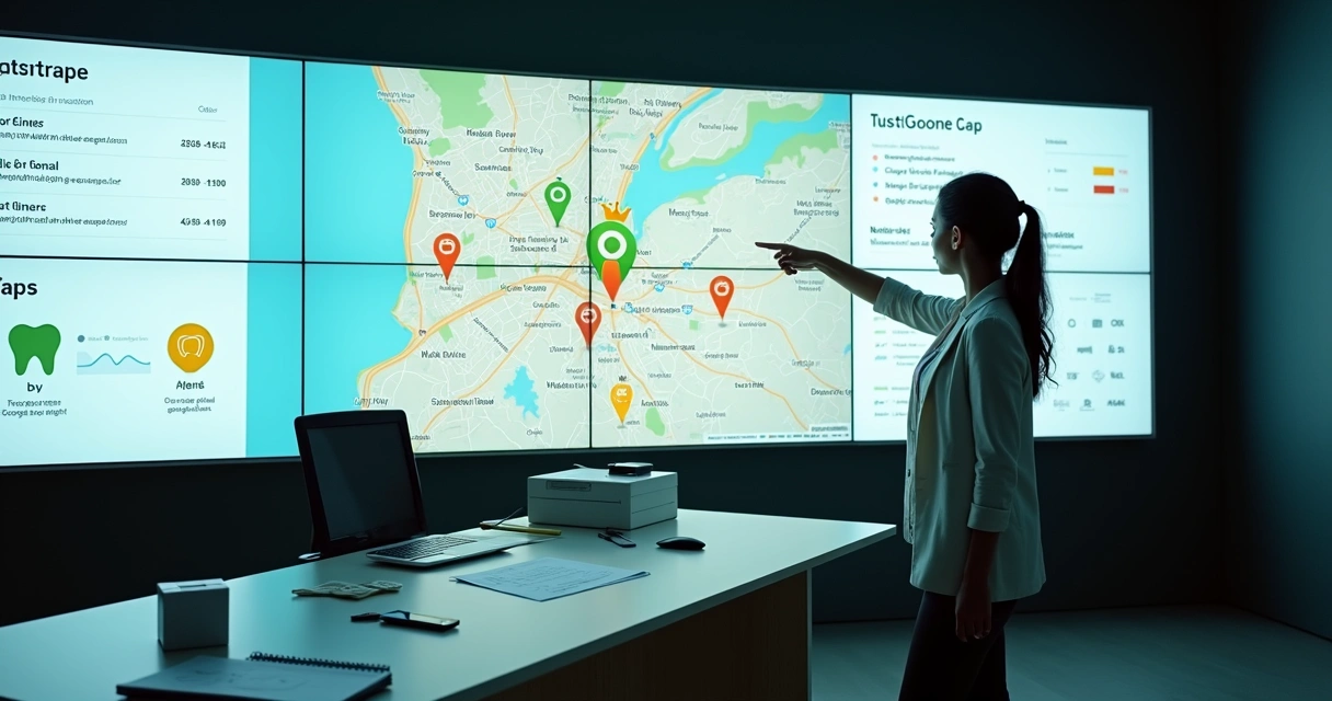 Gestora de clínica odontológica analisando mapa com clínicas coroadas no Google Maps em tela gigante 