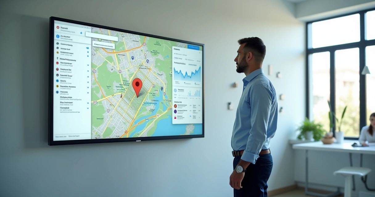 Dentista gestor analisando mapa do Google com rankings locais em tela grande 