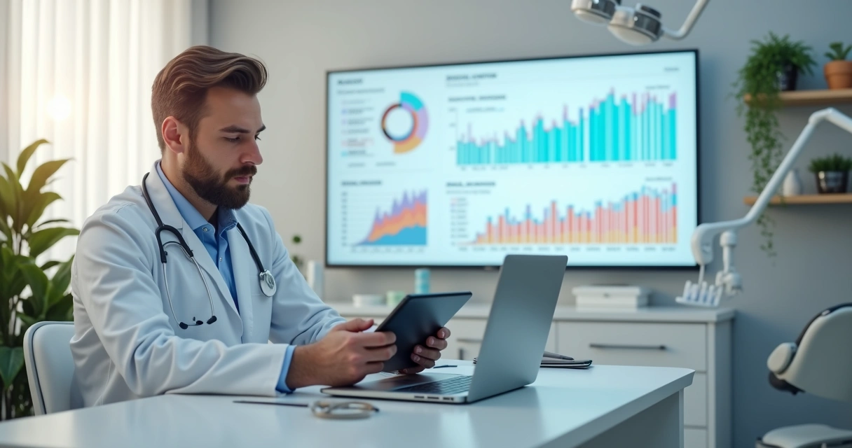 Dentista analisando gráficos e indicadores em um tablet dentro da clínica odontológica moderna 