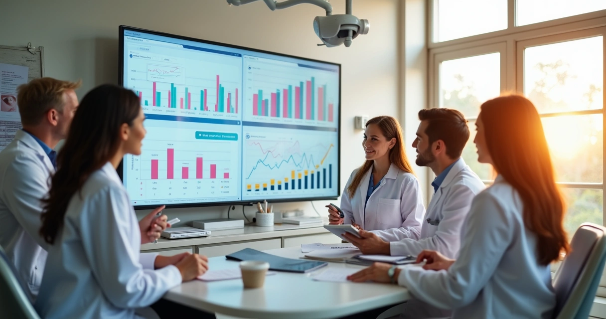 Equipe odontológica reunida em consultório analisando dados em tela de computador 