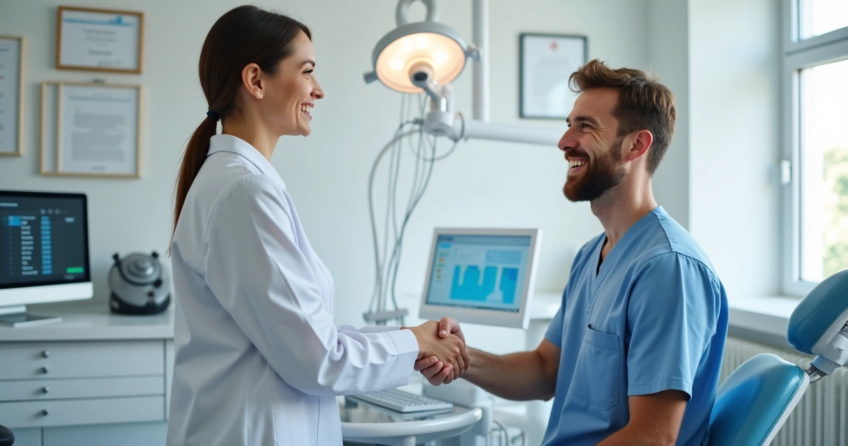 Paciente sorrindo e apertando a mão do dentista 
