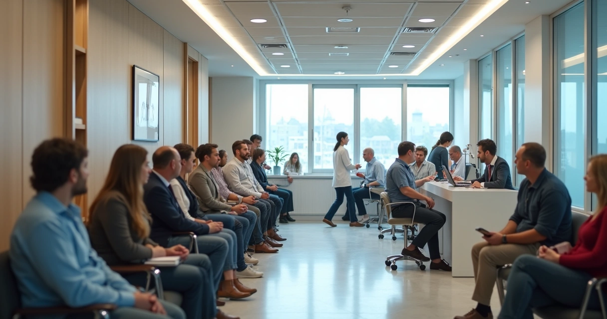 Recepção de clínica odontológica movimentada e equipe ocupada 
