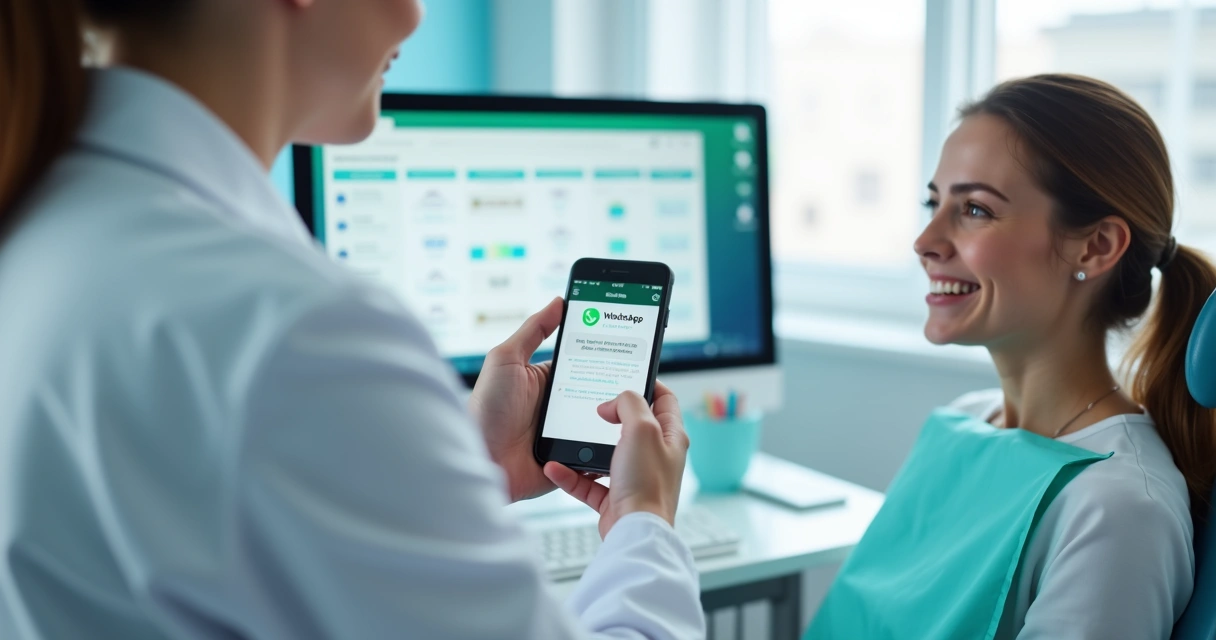 Dentista segurando um celular com mensagem de pagamento via WhatsApp na clínica odontológica 