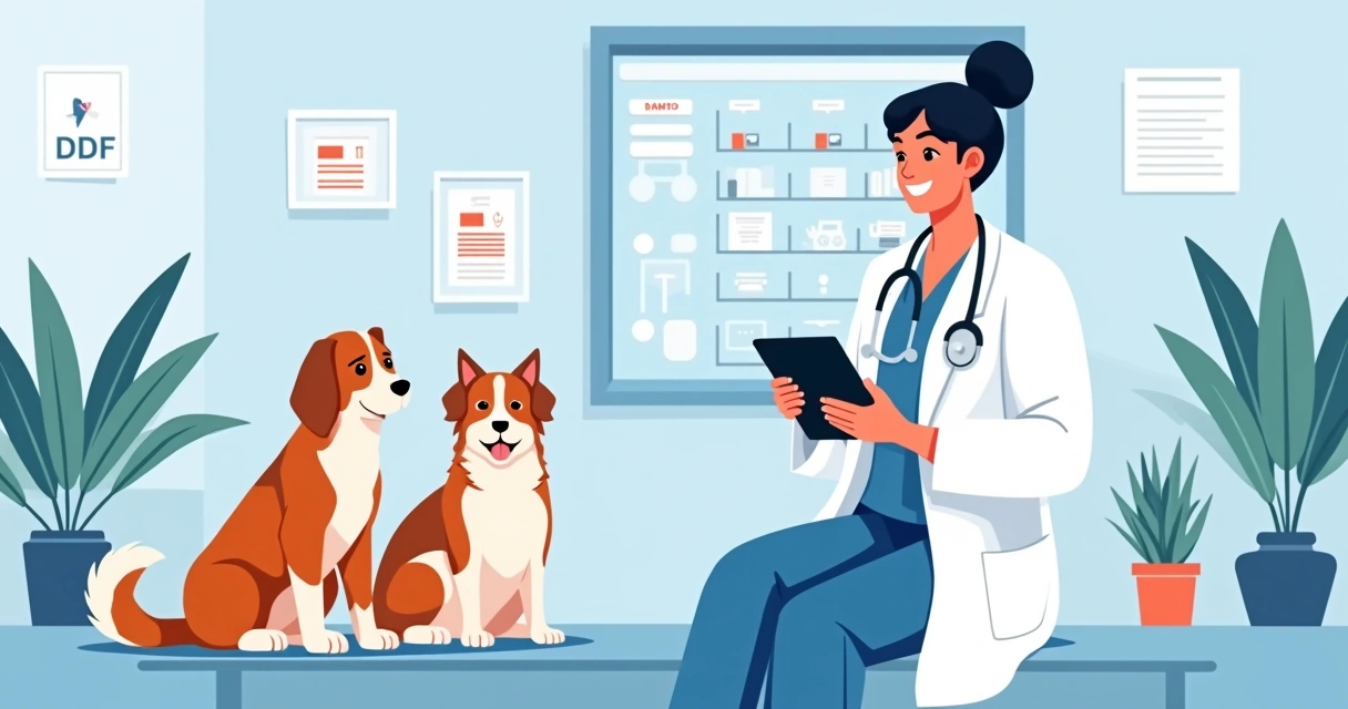 Veterinário usando tablet digital, cachorros ao redor, com papéis e telas de PDF flutuando, painel digital ao fundo. 