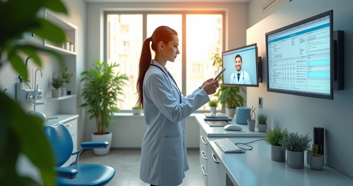 Tela de prontuário eletrônico aberta em consultório moderno 