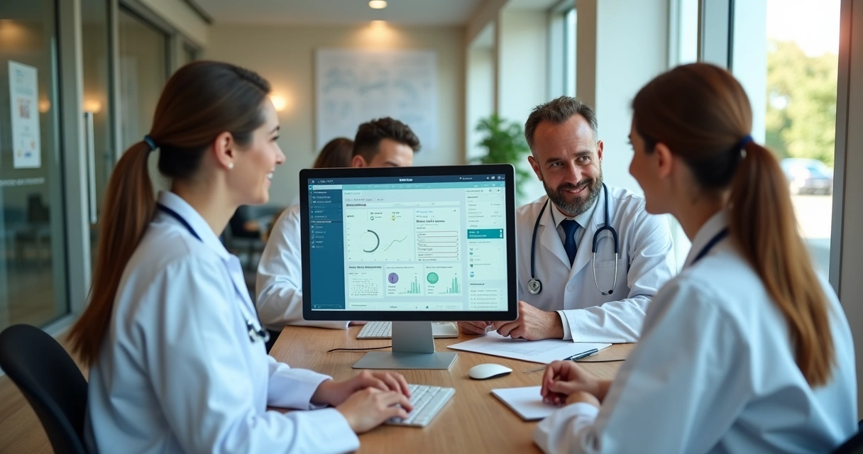 Profissionais de saúde em clínica moderna trabalhando em computadores com interface de CRM médico.