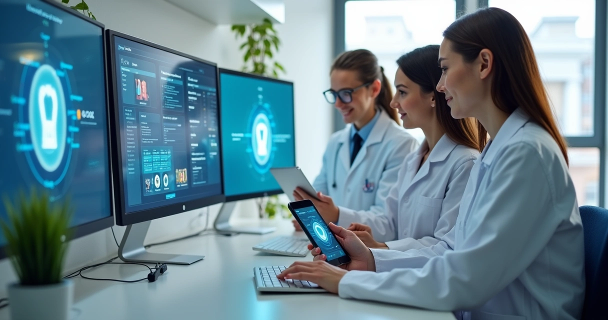 Equipe de consultório odontológico usando tablets e computador 