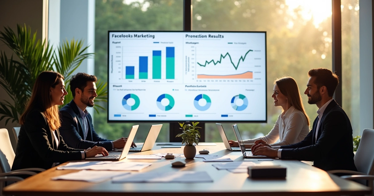 Equipe de profissionais analisando gráficos de marketing digital em grande mesa de reunião 