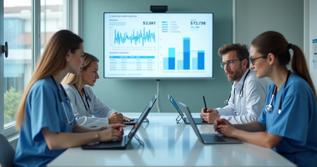 Equipe médica reunida em uma clínica analisando relatórios financeiros digitais 