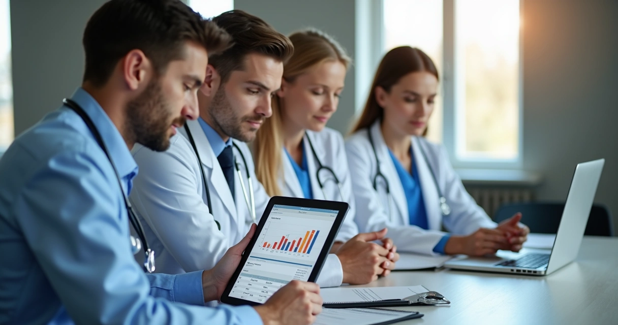 Equipe de clínica médica reunida com tablet mostrando gráfico de resultado digital 