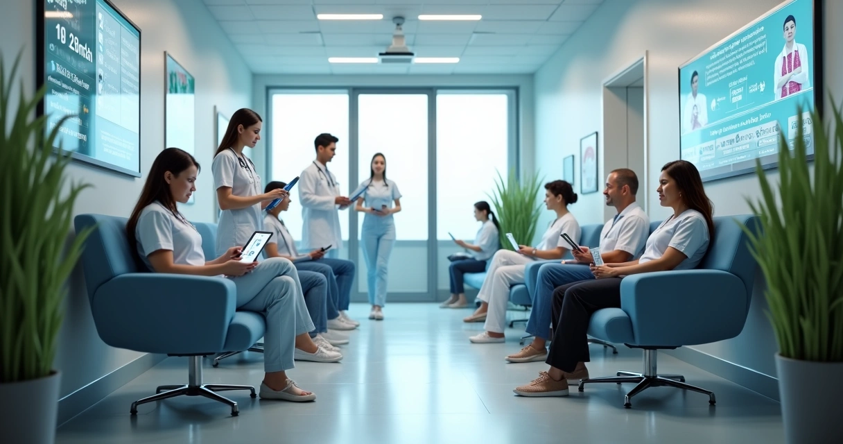 Equipe médica utiliza tablets em interior de clínica digital
