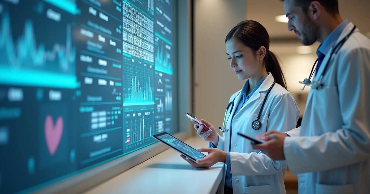 Equipe de clínica reunida em frente a painel digital, interagindo com tablet e smartphones 