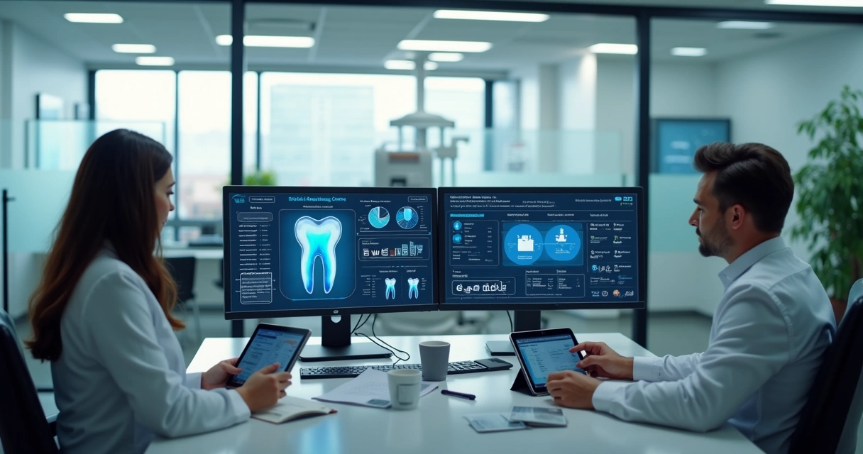 Equipe de clínica odontológica em frente a computadores com software de gestão digital, ambiente moderno e organizado