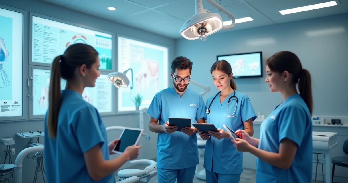 Equipe de dentistas trabalhando com prontuários digitais.