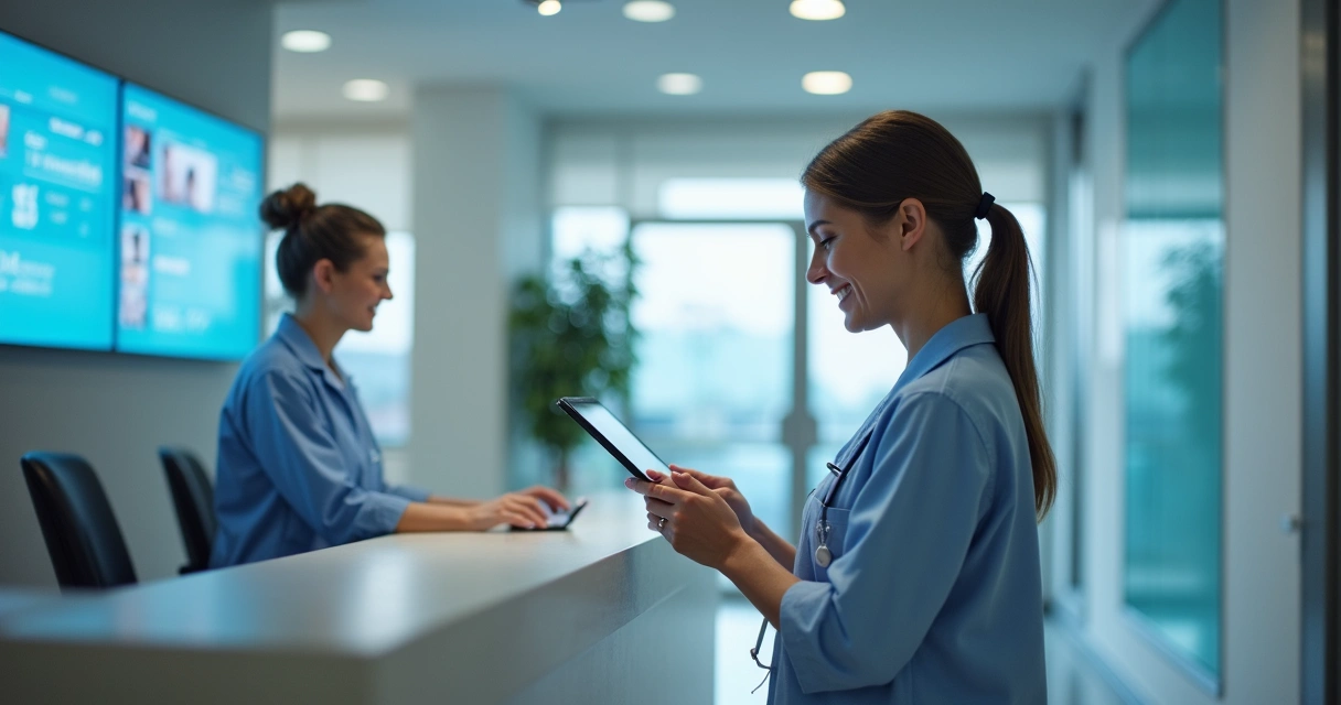 Paciente acessando serviço digital em clínica moderna 