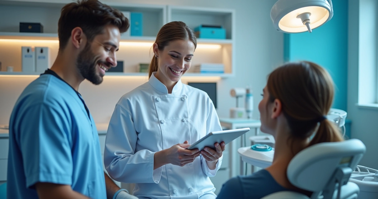 Dentista usando tablet com paciente ao lado 