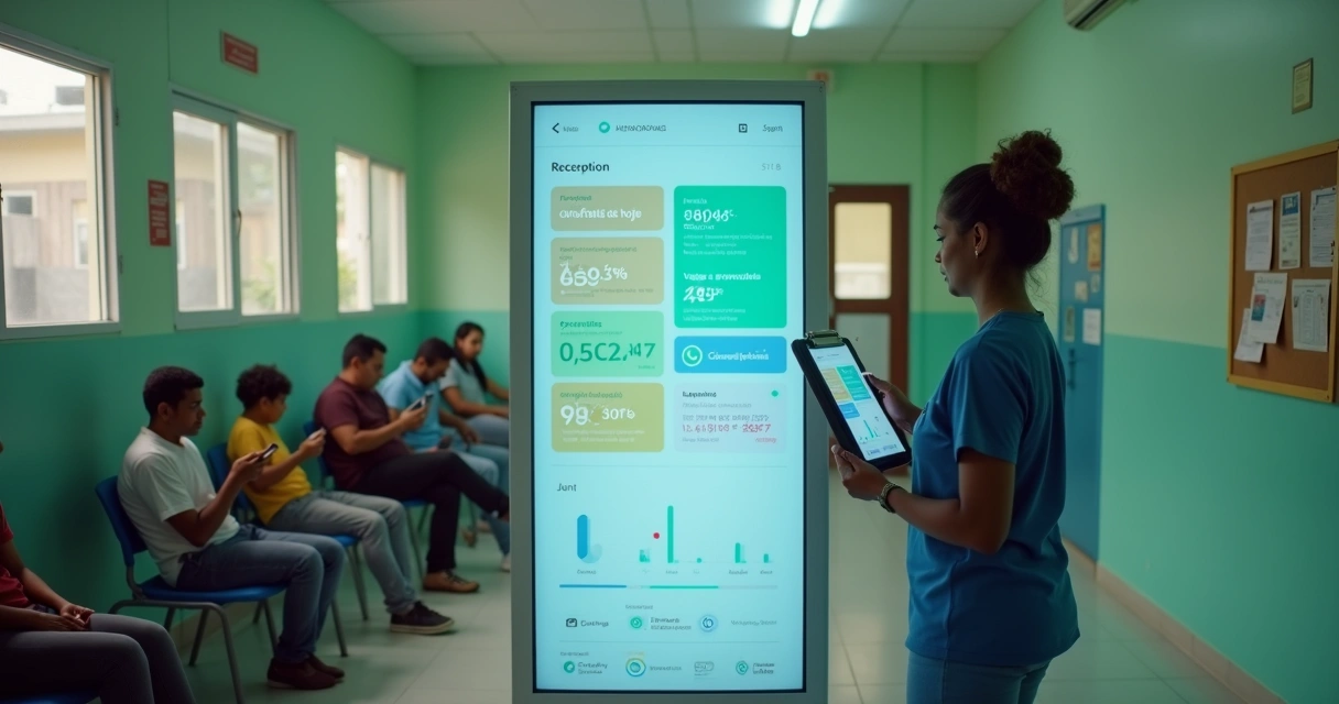 Sala de espera de unidade básica de saúde com painel digital mostrando vagas e status de comparecimento 
