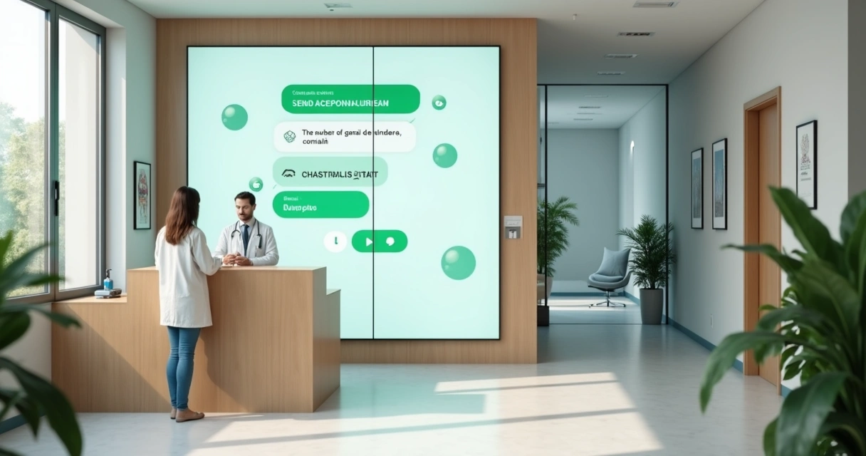 Recepção de clínica médica com painel digital exibindo conversas automatizadas no WhatsApp 