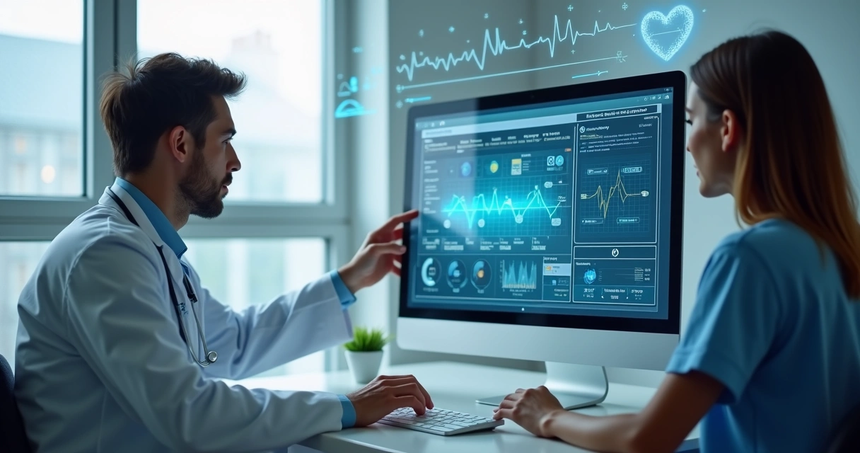 Médico acessando prontuário digital em computador com paciente ao lado, gráficos de dados médicos ao fundo 