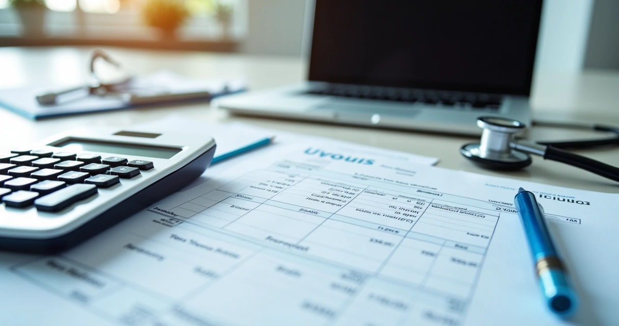 Mesa com documentos fiscais e calculadora em clínica
