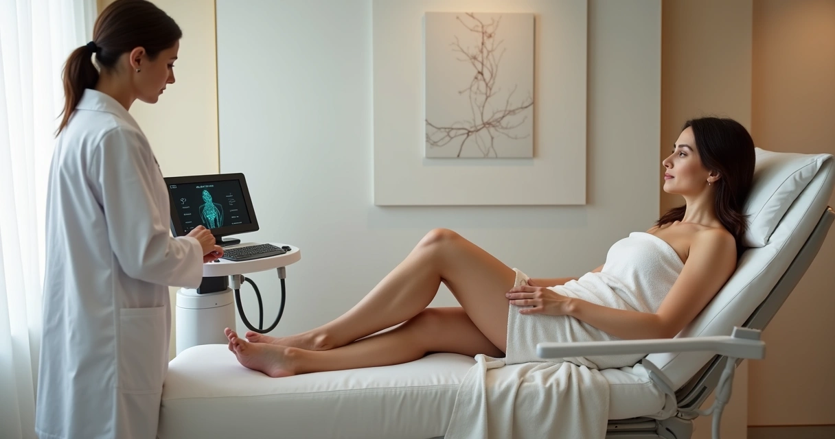 Paciente relaxando em clínica moderna enquanto médica prepara equipamento de endolaser para varizes 