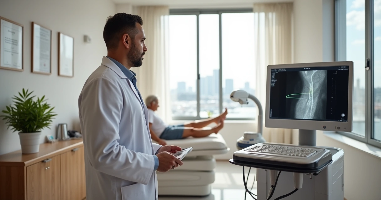 Médico demonstra aparelho de endolaser para tratamento de varizes em consultório em Salvador 