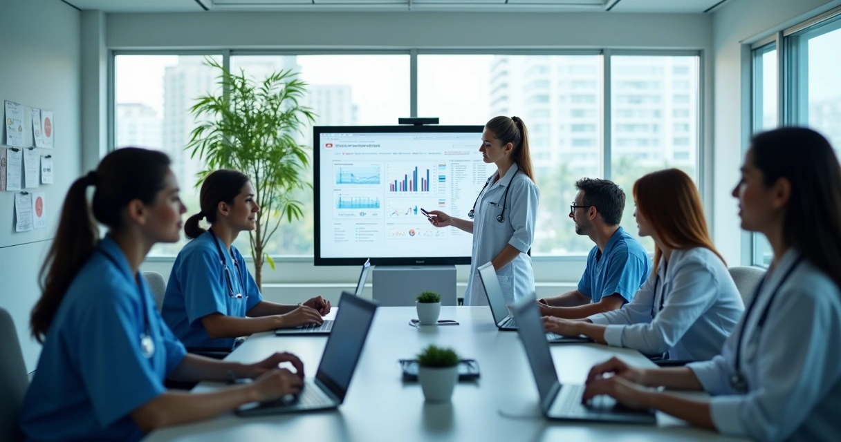 Equipe de uma clínica analisando dados em computadores 