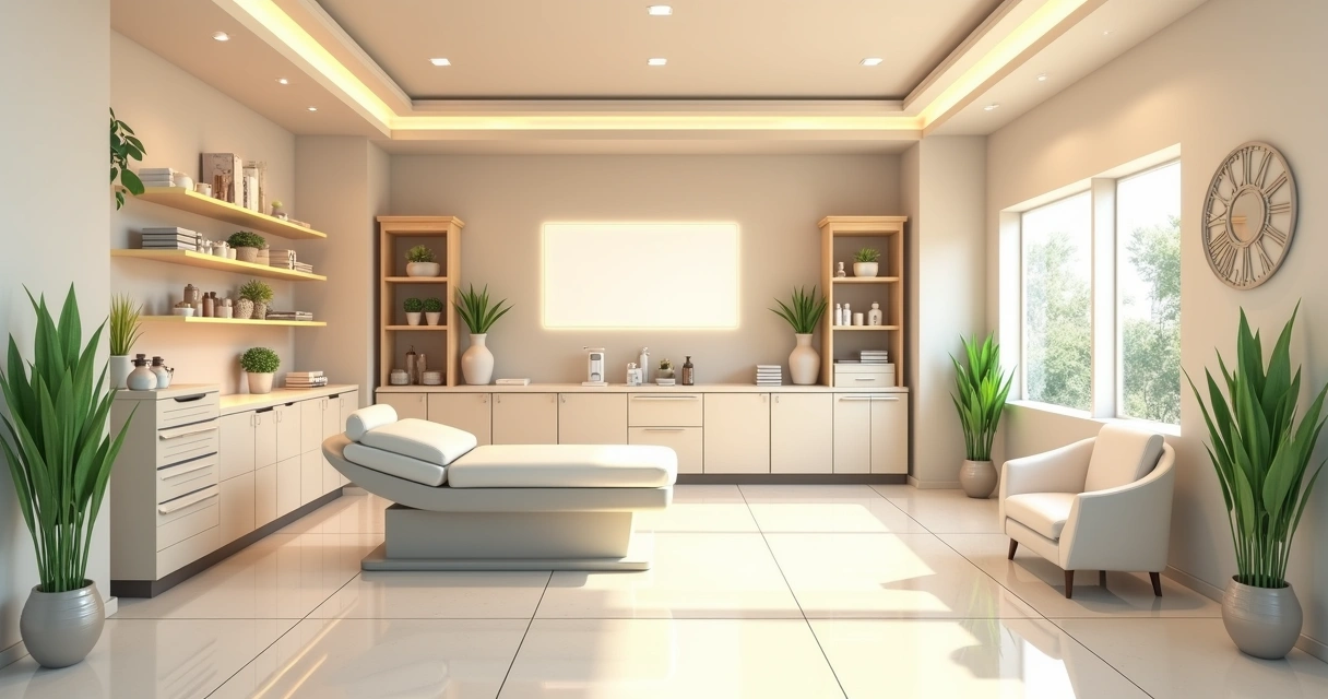 Sala de estética organizada com maca e equipamentos modernos 