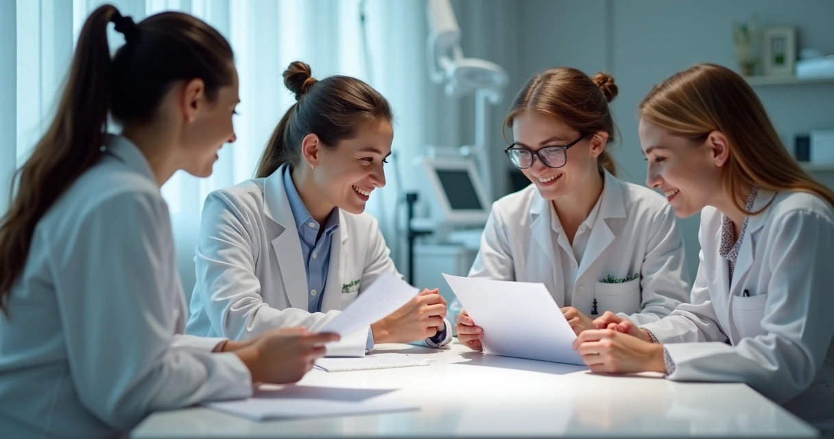Equipe reunida em clínica de estética analisando folha de salários 