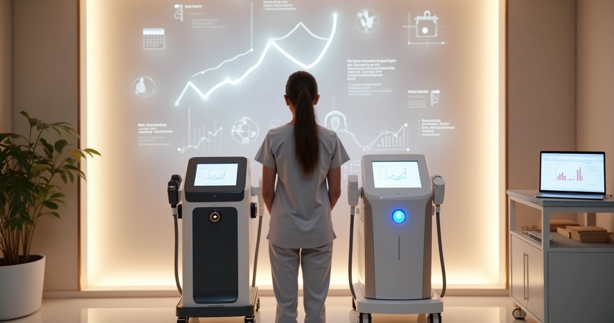 Profissional de estética analisando duas máquinas de depilação a laser em clínica moderna 