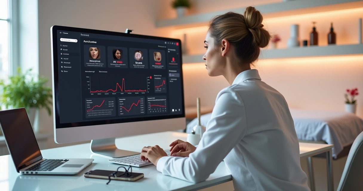 Gestora de clínica de estética analisando anúncios digitais com alertas de erro na tela 