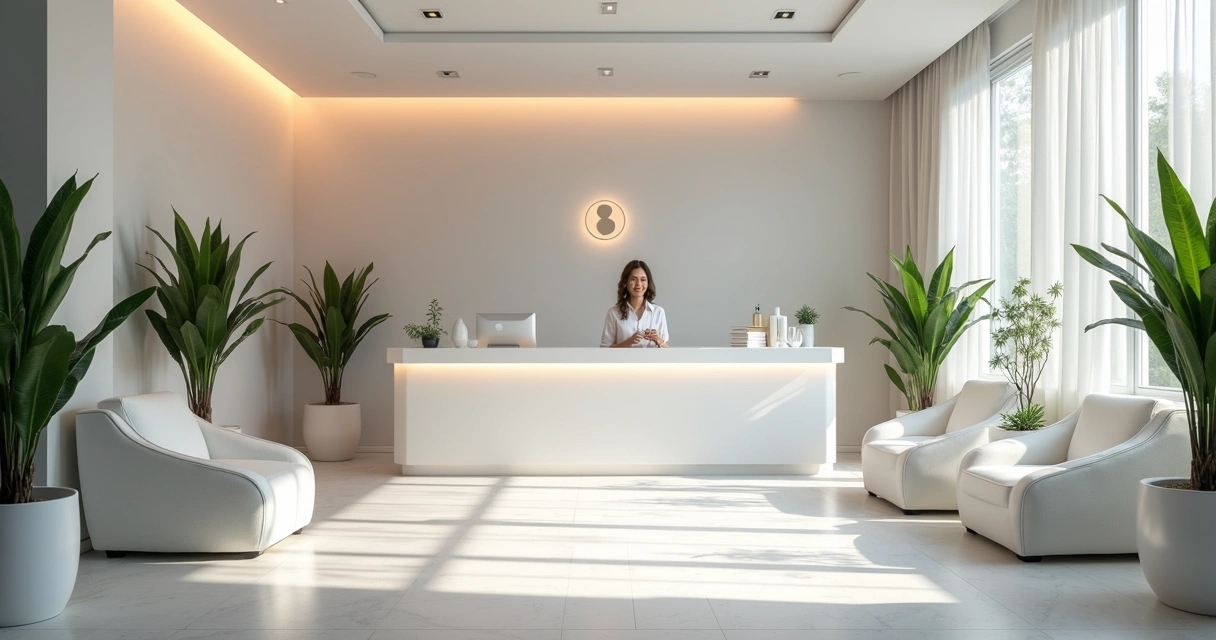 Recepção de clínica de estética moderna, ambiente clean 