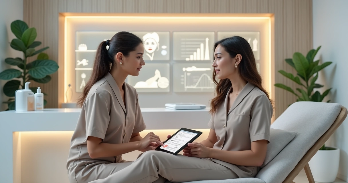 Profissional de estética atendendo paciente em clínica moderna com ícones de diferentes tratamentos ao fundo 