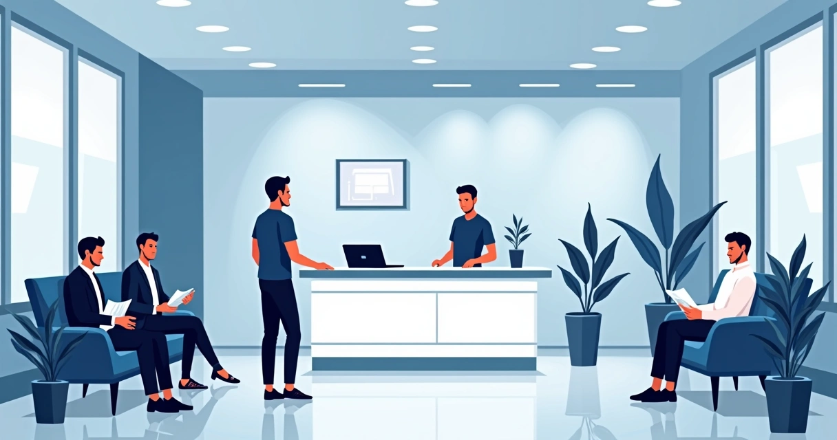 Recepção de clínica de estética com decoração moderna e clientes homens esperando atendimento. 
