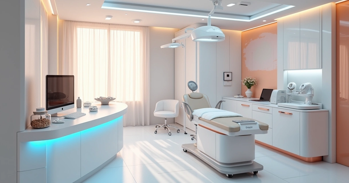Sala de clínica estética com equipamentos modernos organizados