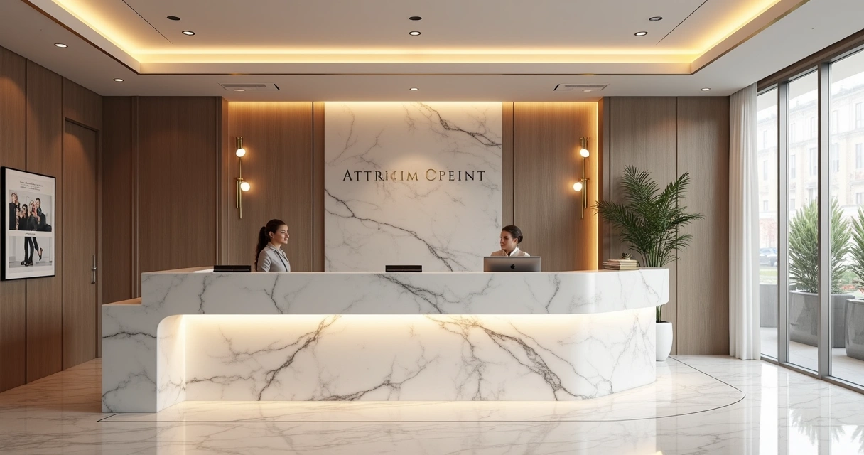 Recepção elegante de clínica estética moderna com ambiente clean e tecnologia 