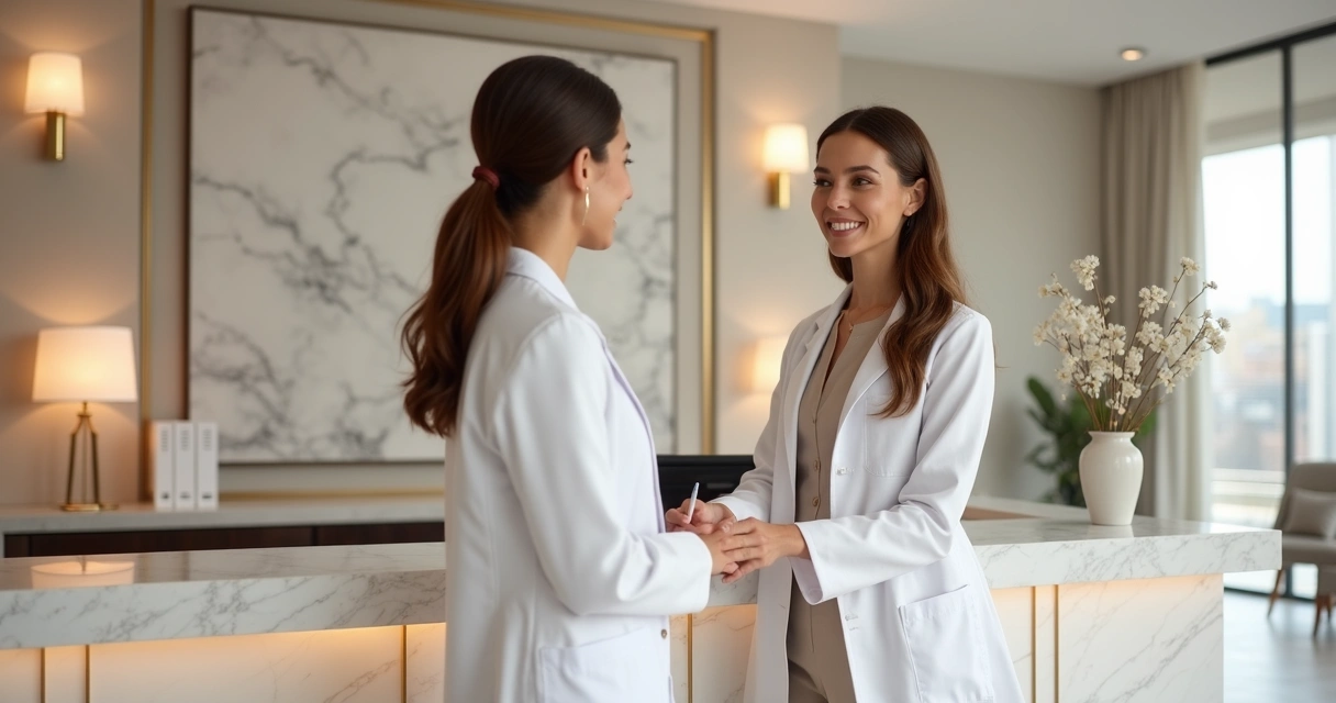 Recepção sofisticada de clínica de estética com médica recebendo paciente mulher elegante 