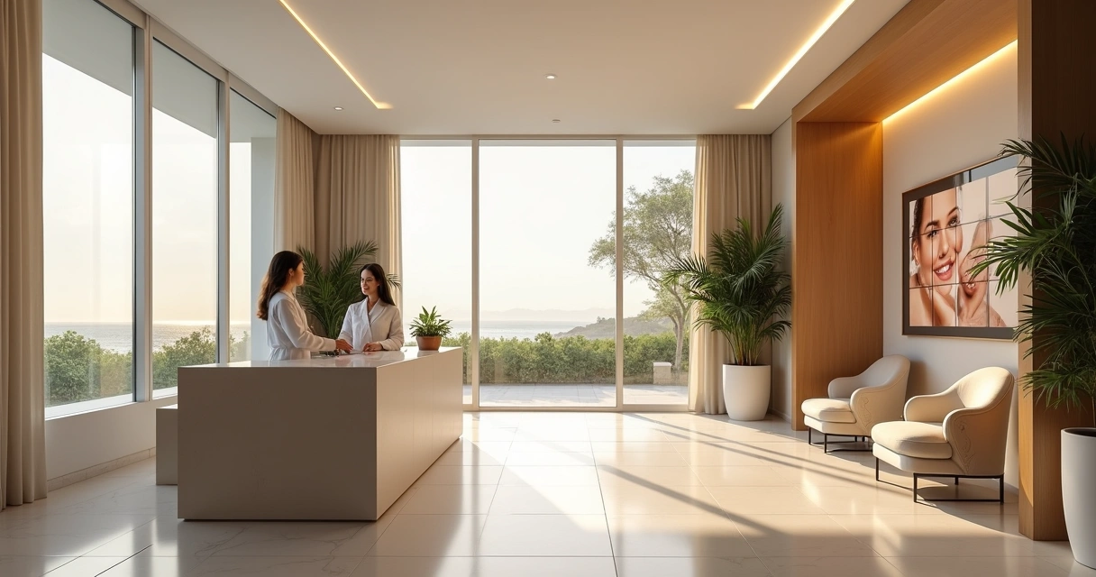 Recepção moderna de clínica de estética em Salvador com vista para o mar 