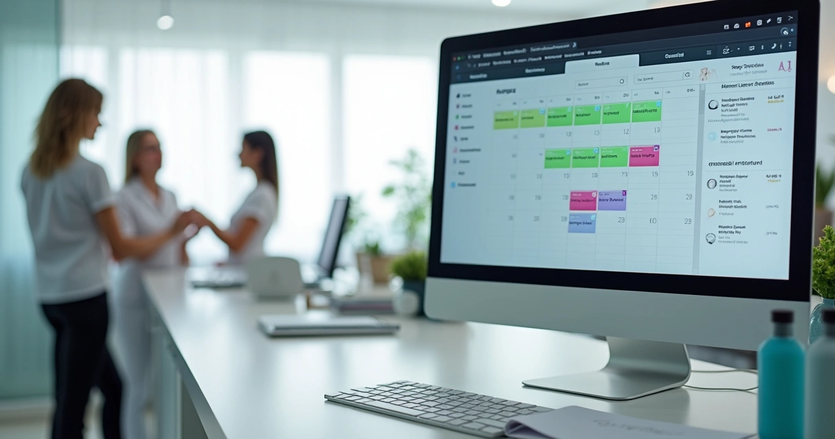 Tela de computador com sistema de gestão para clínica de estética exibindo agenda e prontuário eletrônico