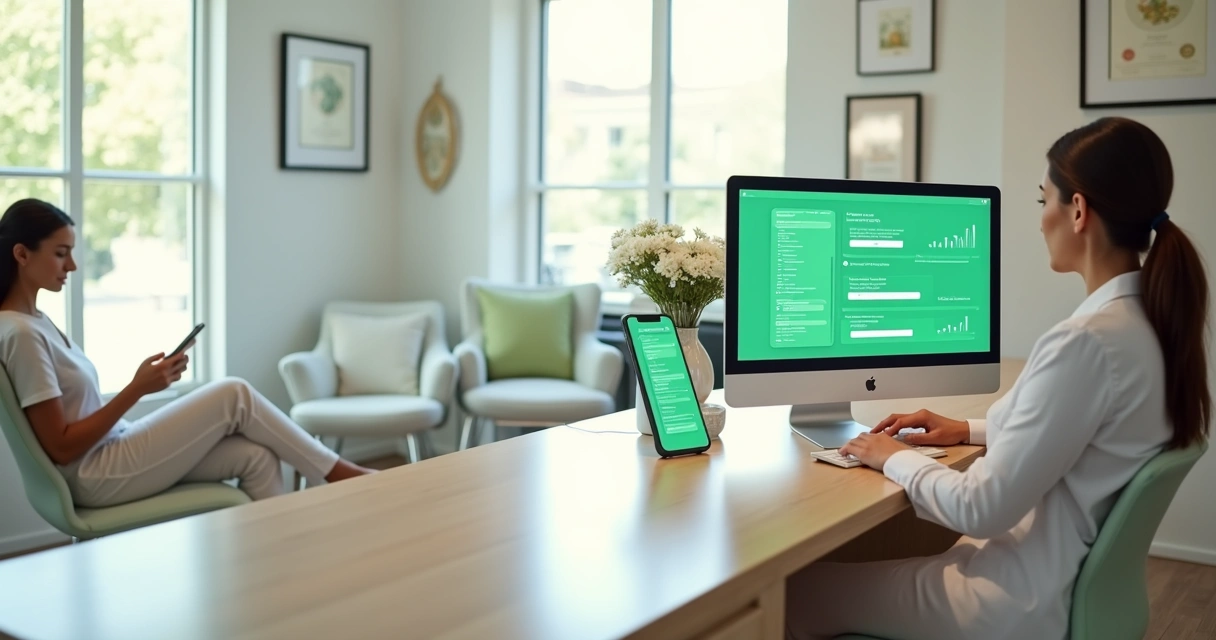 Recepcionista de clínica estética usando WhatsApp no computador para organizar atendimentos e vendas 