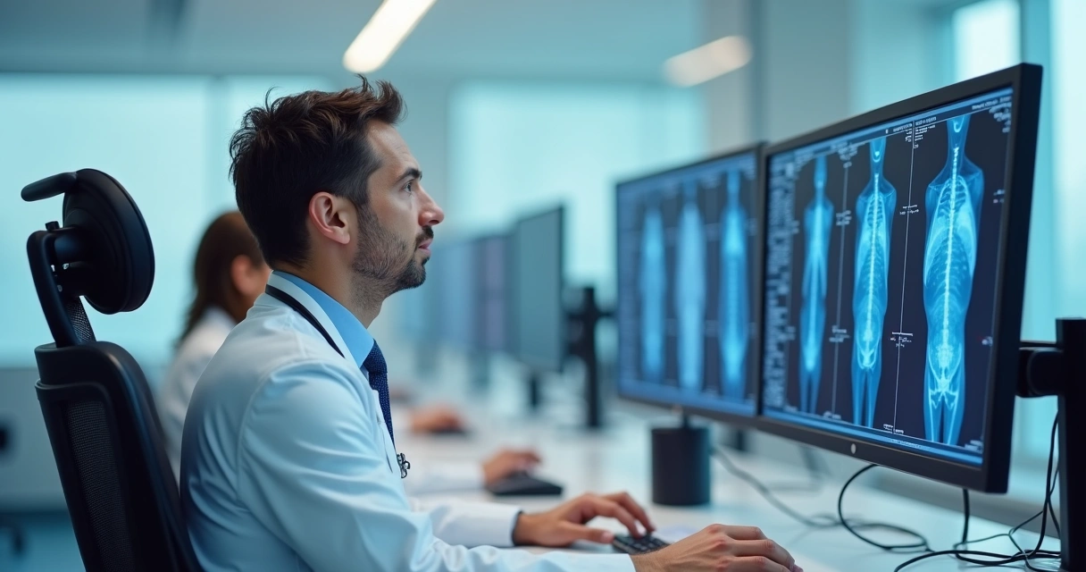 Cardiologista analisando exames digitais em uma clínica 