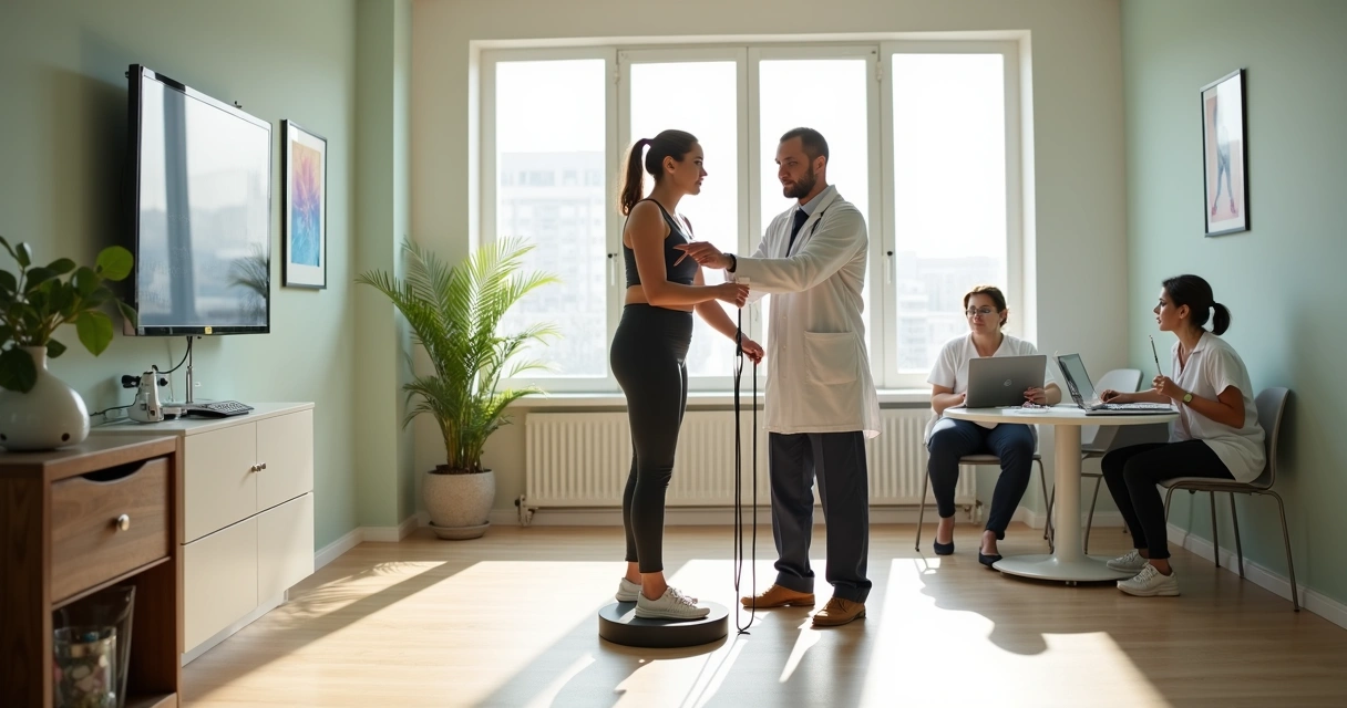 Sala moderna de fisioterapia com paciente em exercício funcional supervisionado por equipe multiprofissional 