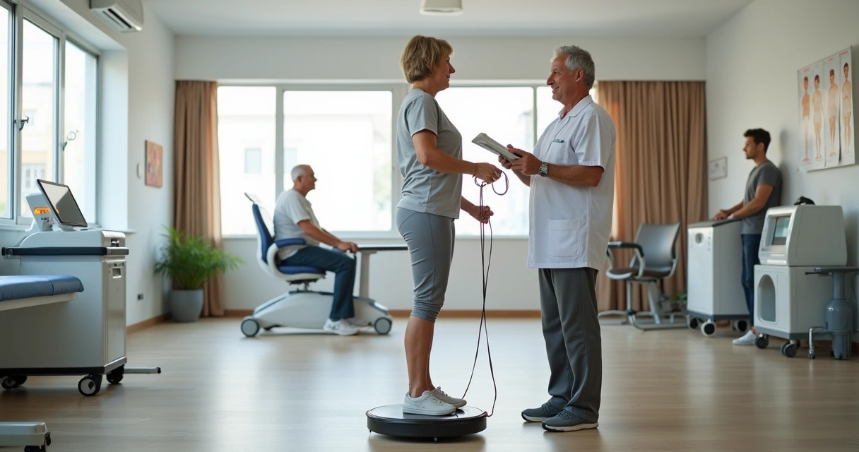 Paciente em fisioterapia funcional com equipamentos modernos em clínica de fisioterapia 