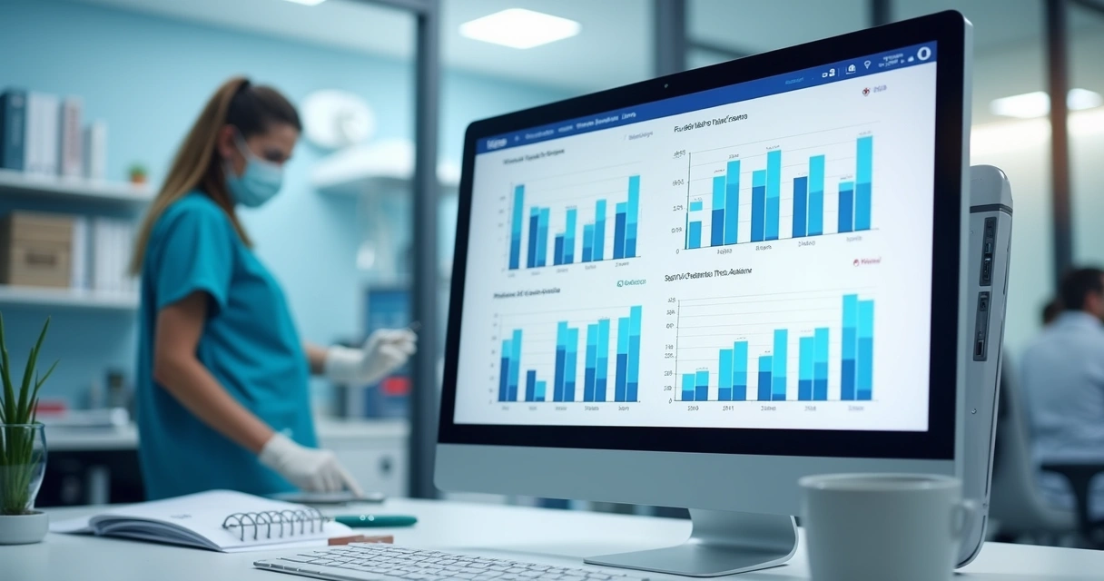 Painel financeiro em clínica com gráficos e fluxo de caixa