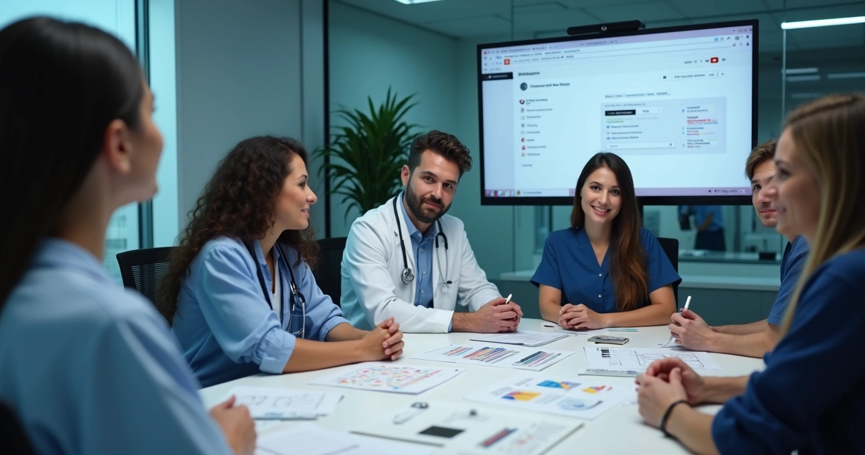 Equipe de clínica médica reunida discutindo privacidade digital em frente a computadores 