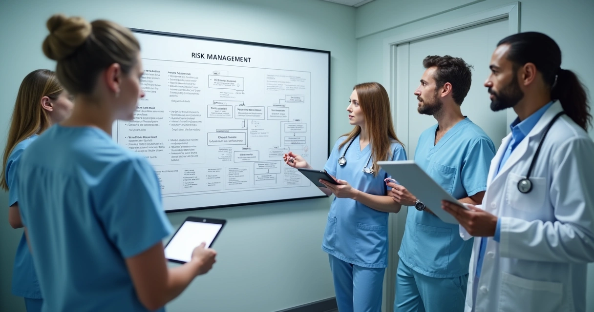 Equipe em clínica de saúde reunida analisando fluxograma de gestão de riscos em parede